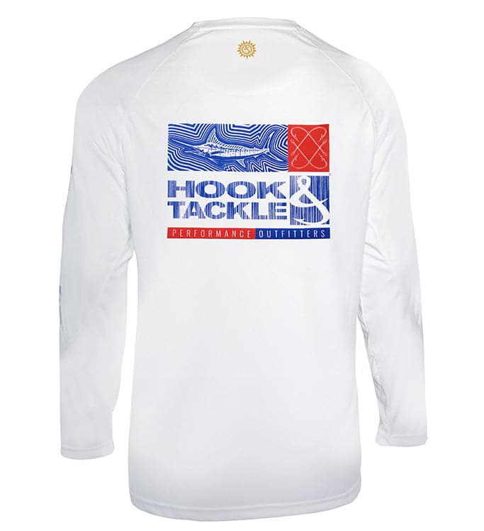 Back view of a white Men's Marlin Groove long sleeve fishing shirt with a graphic print featuring a marlin and the brand logo.