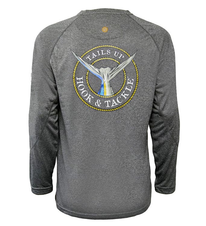 Youth Tails Up UV long sleeve fishing shirt in heather grey with brand logo on front and graphic on back