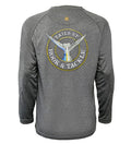 Youth Tails Up UV long sleeve fishing shirt in heather grey with brand logo on front and graphic on back