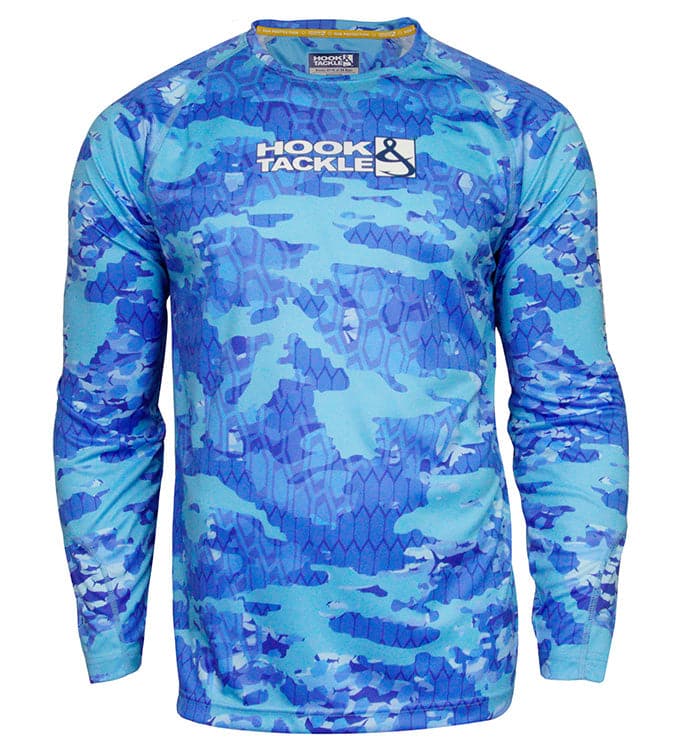 Men's blue fractal camo long sleeve fishing shirt with Hook and Tackle logo