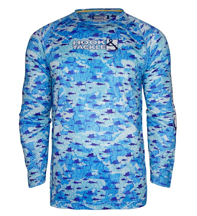 Youth blue long sleeve fishing shirt with all-over billfish print and brand logo on chest and sleeve.