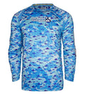 Youth blue long sleeve fishing shirt with all-over billfish print and brand logo on chest and sleeve.