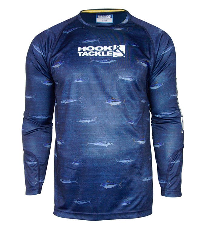 Youth long sleeve fishing shirt in navy blue with fish pattern and brand logo