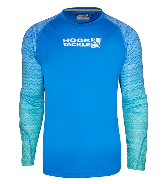 Youth blue long sleeve fishing shirt with gradient wave pattern on sleeves and branded logo.