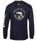 Back view of a navy blue long sleeve fishing shirt with a leaping tarpon graphic and Hook & Tackle branding.