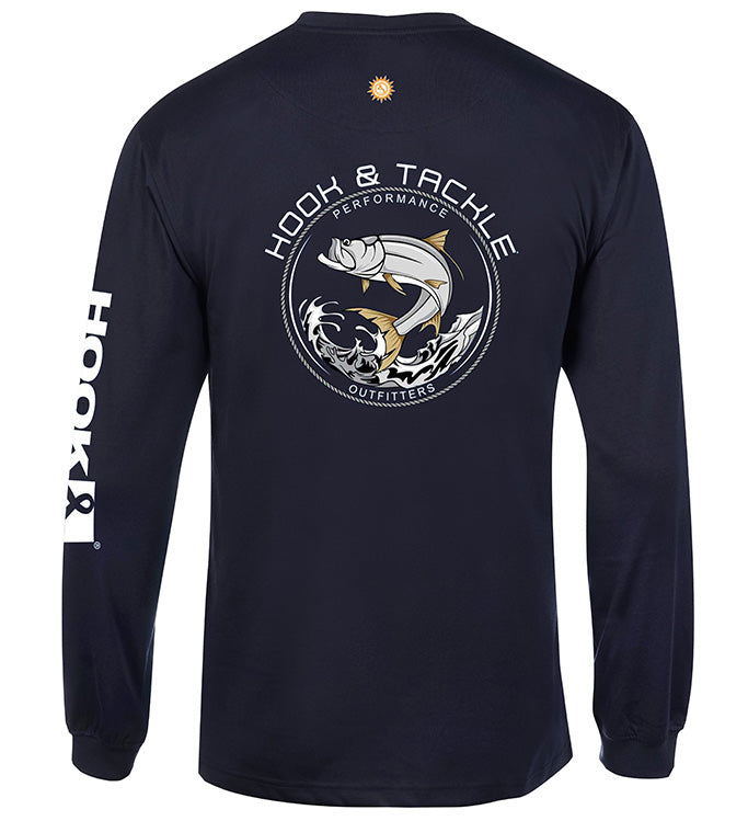 Back view of a navy blue long sleeve fishing shirt with a leaping tarpon graphic and Hook & Tackle branding.