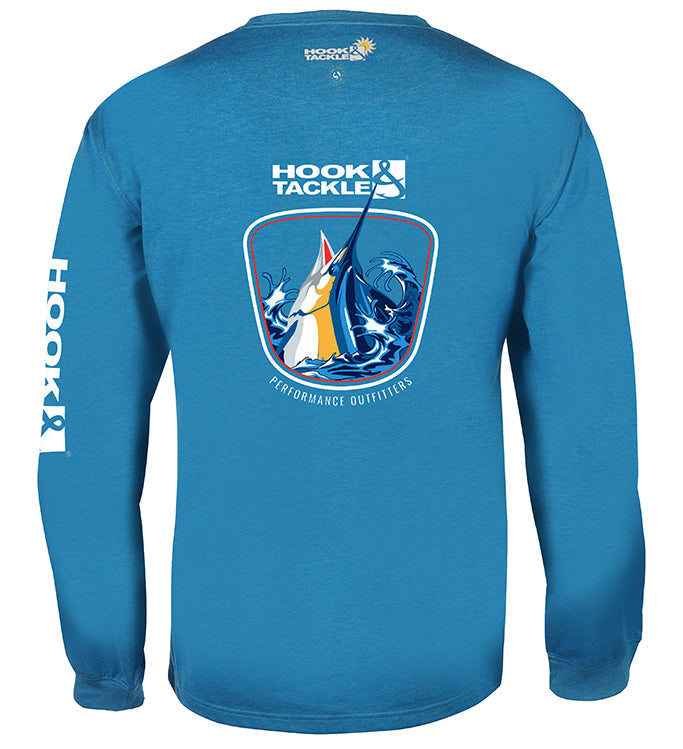Men's long sleeve blue and black fishing shirts with marlin graphic on back