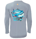 Back view of a grey long sleeve performance fishing shirt featuring a large Wahoo fish graphic, worn by a man.