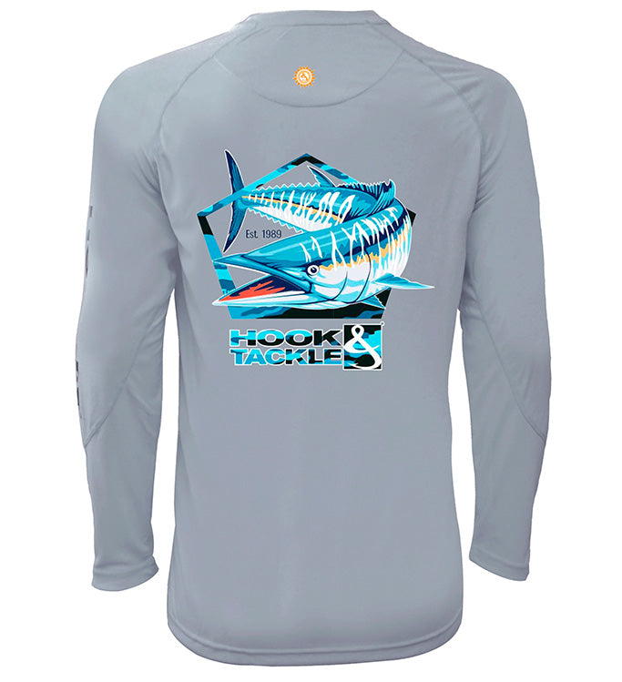 Back view of a grey long sleeve performance fishing shirt featuring a large Wahoo fish graphic, worn by a man.