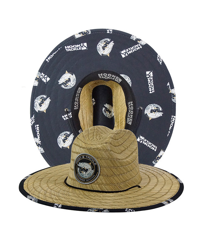 Tarpon Leap lifeguard straw hat with printed under-brim graphic and chin strap