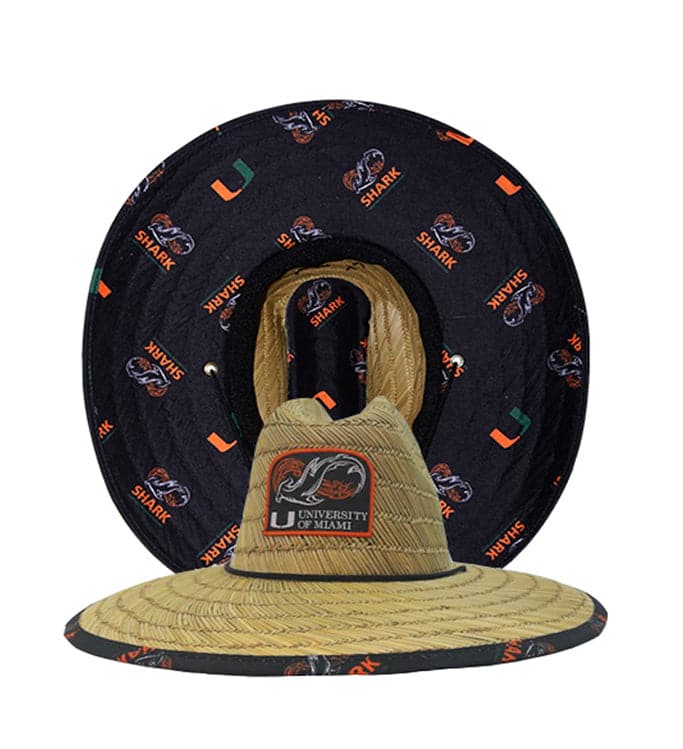 University of Miami straw lifeguard hat featuring a branded patch and shark-patterned brim lining