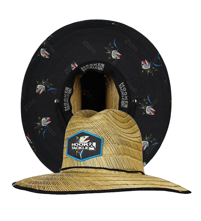 Tuna lifeguard straw hat with natural finish and patterned under-brim