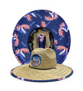 Straw lifeguard hat with a blue patriotic fish print under-brim and a Hook & Tackle branded logo patch on the front