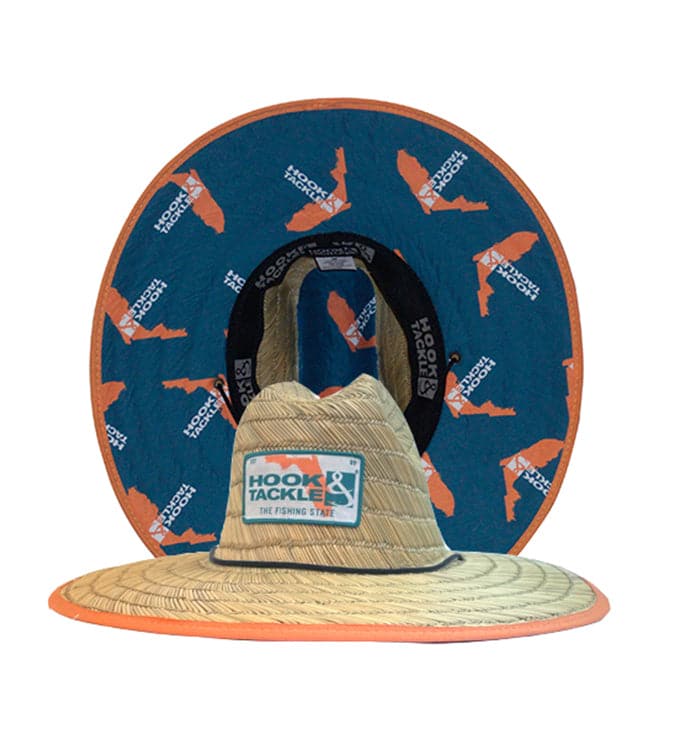 A straw lifeguard hat with an orange brim trim and a Florida-themed patterned underside, viewed from the front and angled back.