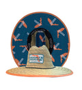 A straw lifeguard hat with an orange brim trim and a Florida-themed patterned underside, viewed from the front and angled back.