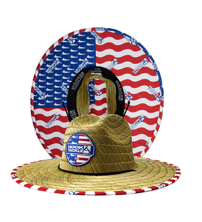 U.S. Marlins straw lifeguard hat featuring a natural straw top with a patriotic American flag and marlin print underbrim.