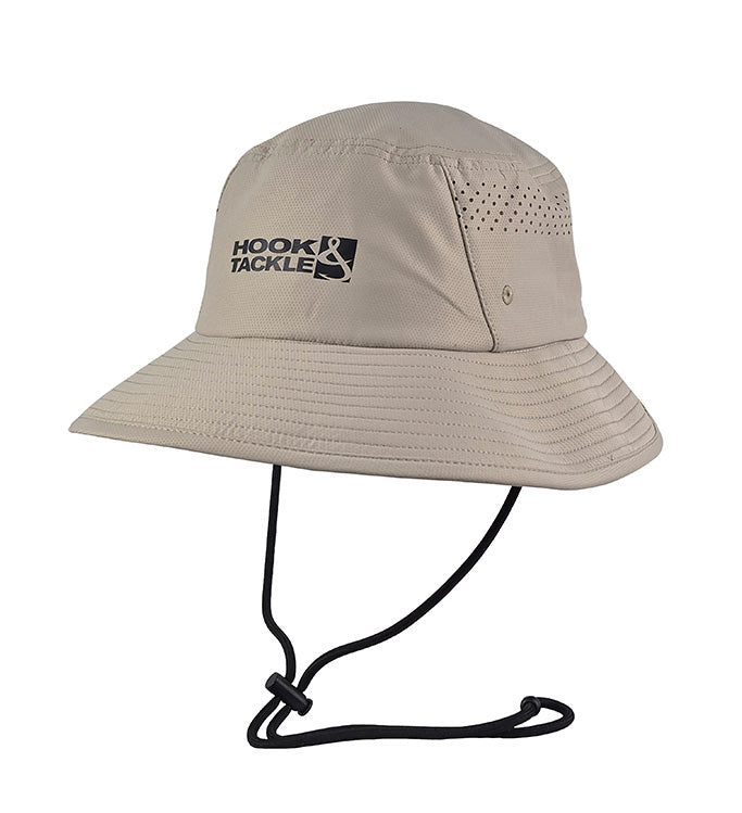 Tan fishing bucket hat with a logo, ventilation holes, and an adjustable black chin strap