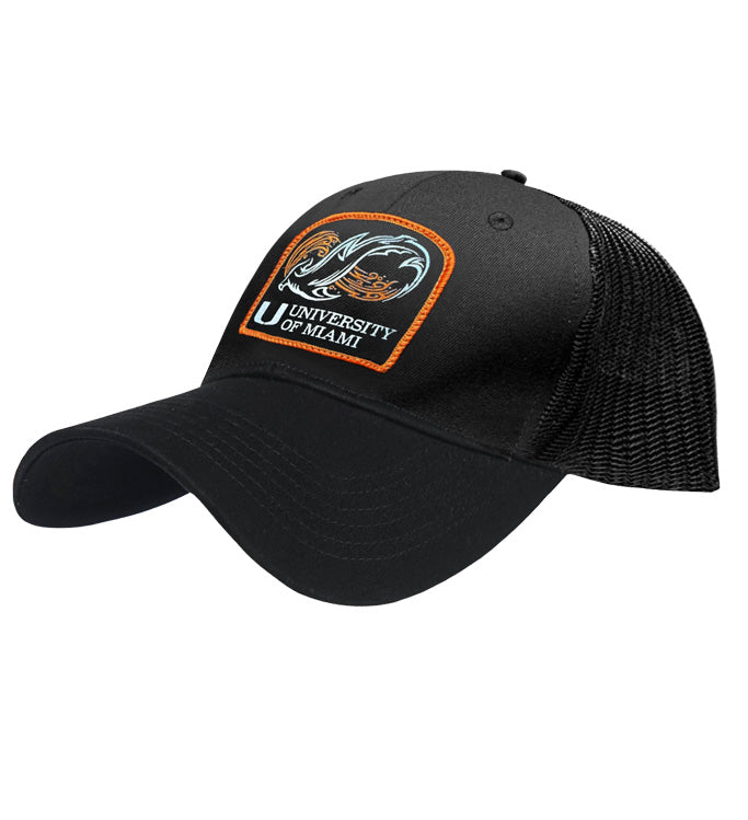 Black trucker hat with University of Miami Shark Research patch on front and mesh back