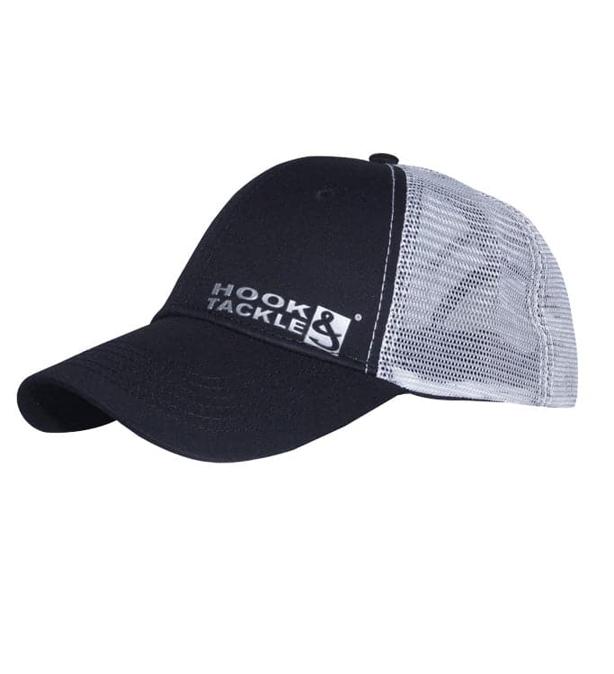 Side view of a dark blue Metallica fishing trucker hat with breathable light grey mesh back and white logo embroidery.