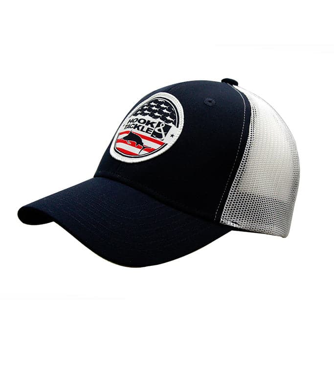 Navy blue Marlin America trucker hat with white mesh back, viewed from side and rear angles.