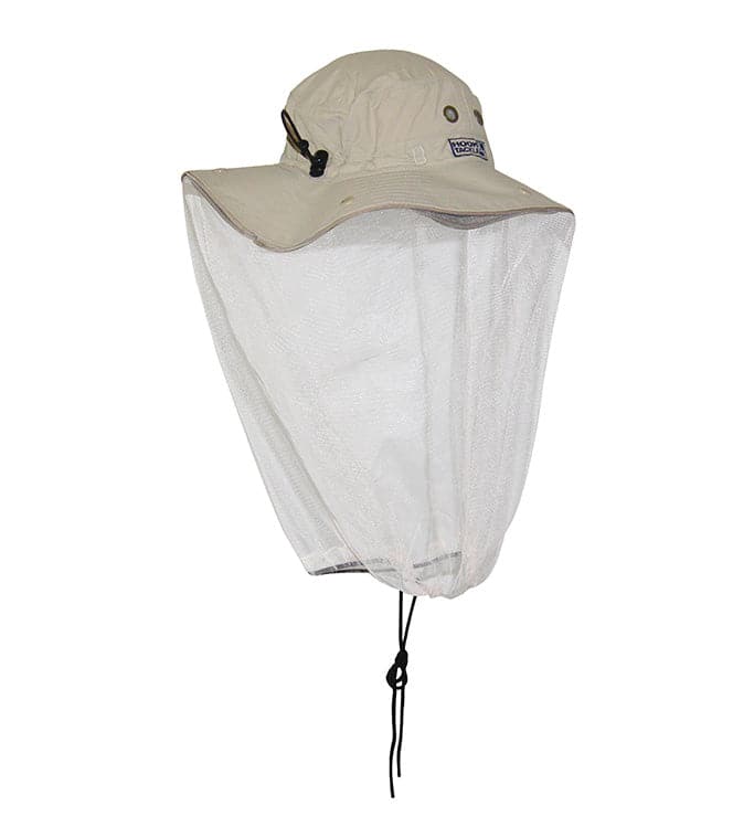 Beige sun hat for fishing featuring a detachable protective mosquito netting veil