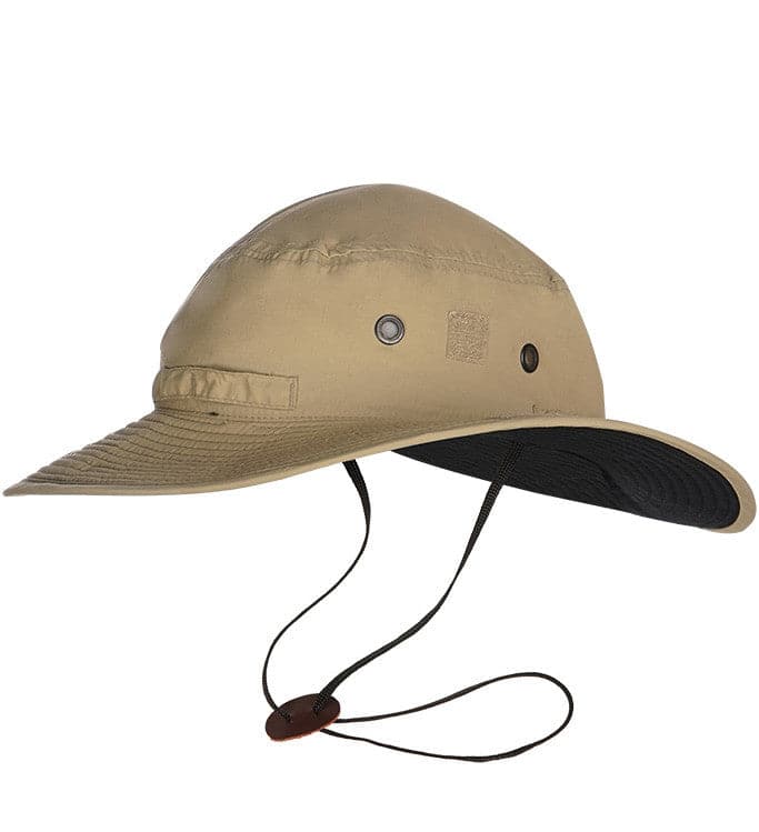 Khaki Fisherman wide brim sun hat with adjustable chin strap and ventilation grommets