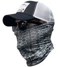 A person wearing a patterned blue or gray fishing neck gaiter for UV sun protection while fishing.