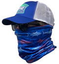 A person wearing a blue fish-patterned neck gaiter for UV protection while fishing.