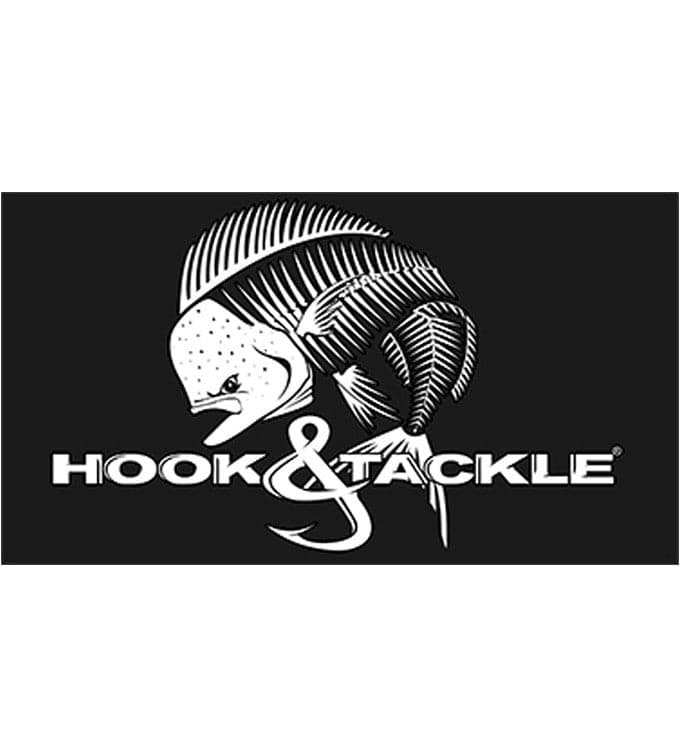 White Hook and Tackle brand bull dolphin skeleton logo decal on a black background