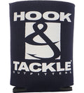 Navy blue neoprene beer can cooler with white Hook & Tackle logo