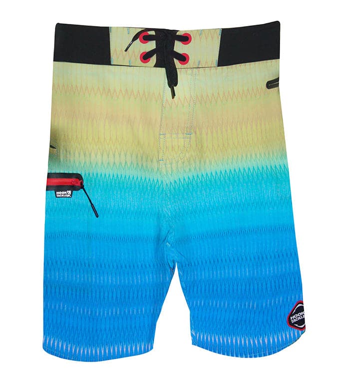 Men's Gradient Scales Stretch Boardshorts in yellow and blue with sonic-welded seams.