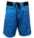 Men's blue boardshorts with fish scale pattern and contrast black waistband