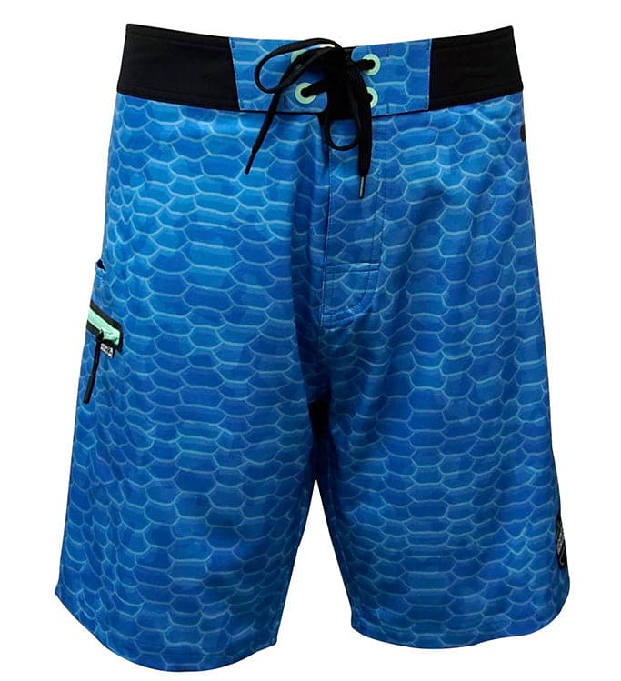 Men's blue boardshorts with fish scale pattern and contrast black waistband