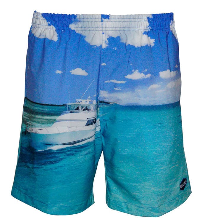 Men's blue swim trunks featuring a printed boat and ocean scene with an elastic waistband.