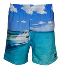 Men's blue swim trunks featuring a printed boat and ocean scene with an elastic waistband.