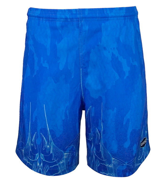 Men's Bills Up blue fishing swim trunks with marlin graphic pattern and elastic waistband