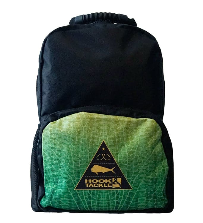 Hook & Tackle Mahi Mahi Hydraskin fishing backpack with green fish skin pattern and front gear pocket.
