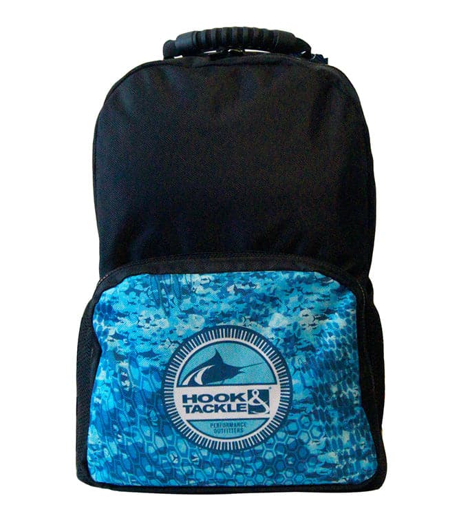Hook & Tackle branded fishing backpack featuring a blue marlin skin pattern on the front pocket