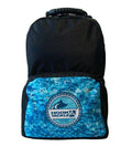 Hook & Tackle branded fishing backpack featuring a blue marlin skin pattern on the front pocket