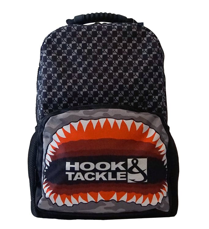 Jaws fishing backpack with a shark jaw graphic pattern and brand logo