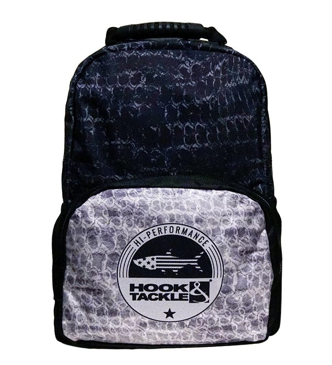 Hook & Tackle Skinz Fishing Backpack with black and white tarpon scale pattern