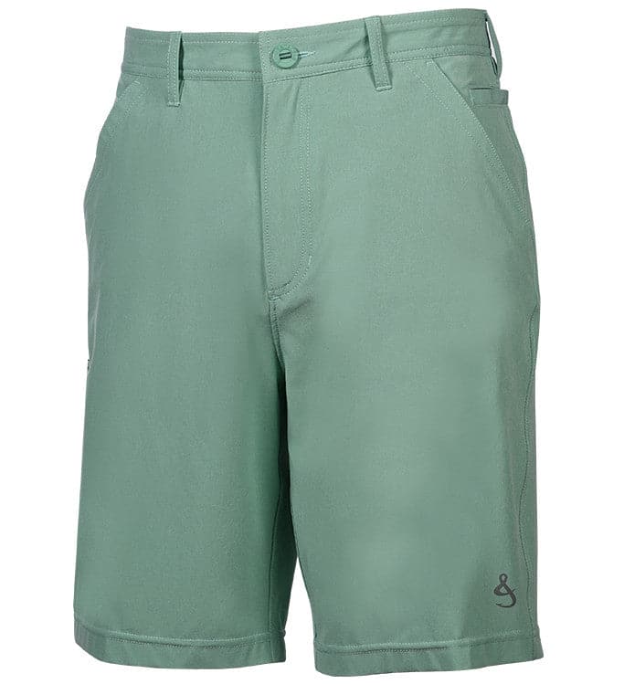 Men's sage green Hi-Tide Hybrid shorts featuring back zipper pockets and stretch fabric.