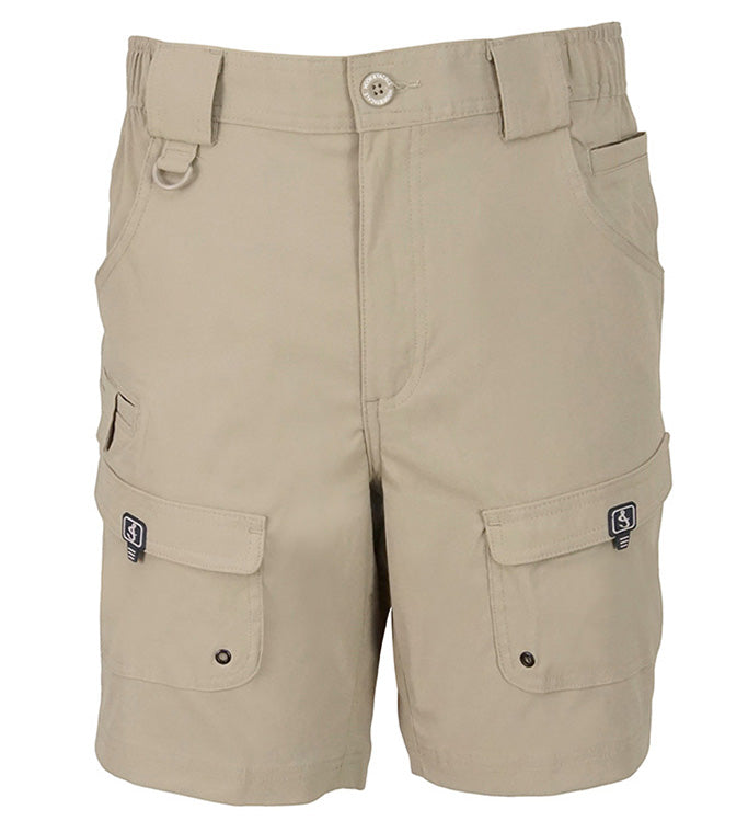Khaki men's fishing shorts with cargo pockets and elastic waistband detail