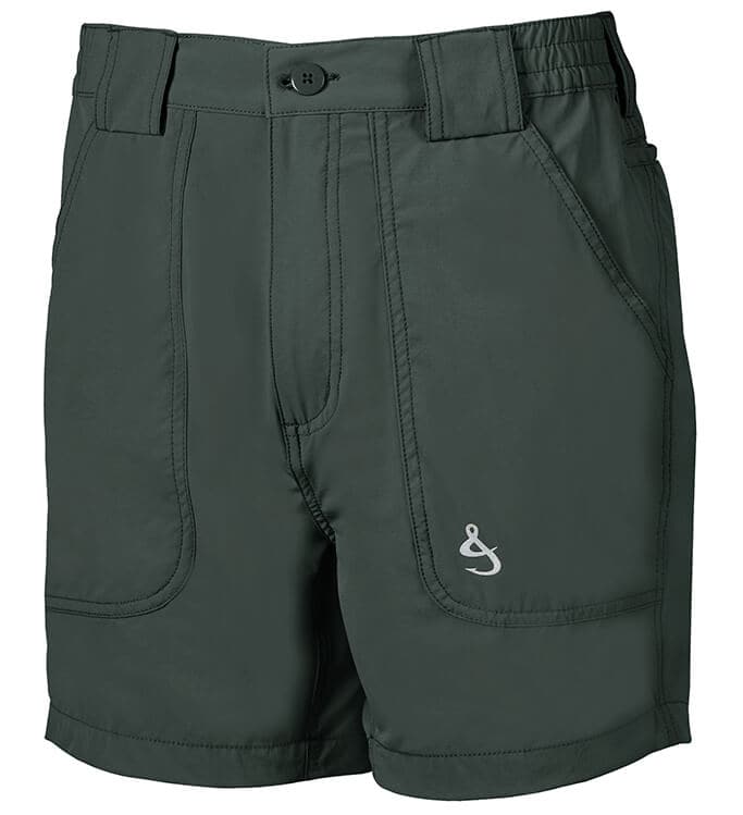 Dark green lightweight nylon stretch hybrid fishing shorts for men by Hook & Tackle