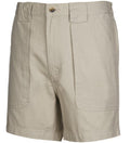 Tan cotton fishing shorts featuring deep front pockets and an elastic back waist detail.