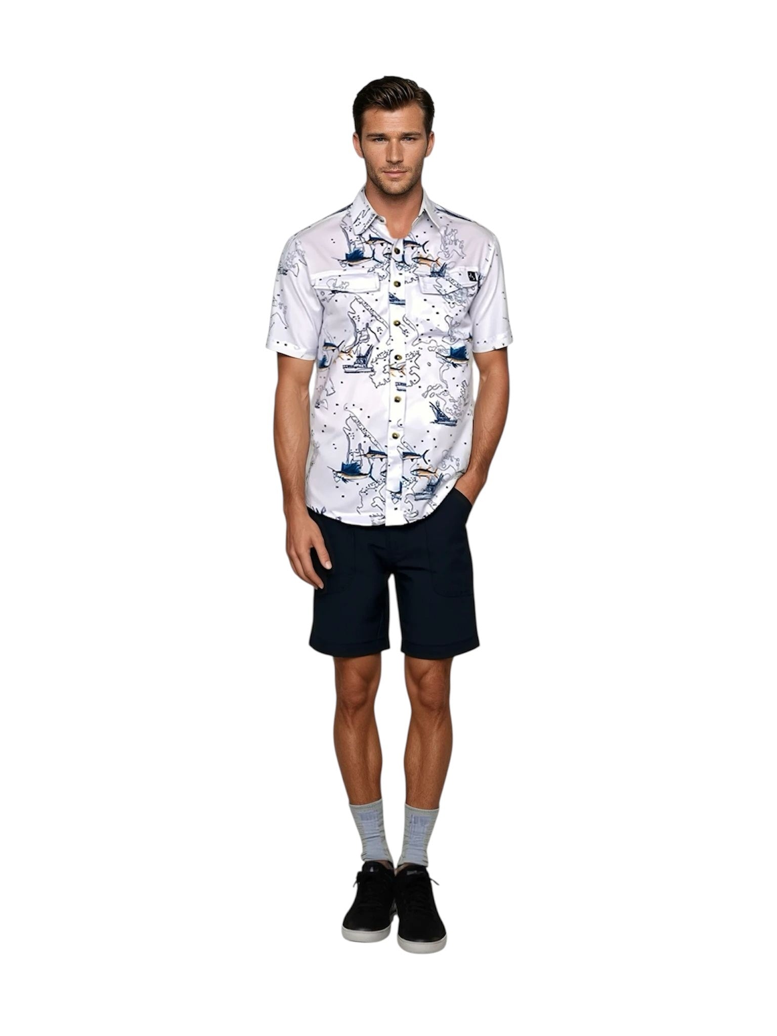 Men's White Marine Chart Print Vented Short Sleeve Fishing Shirt - Image 2