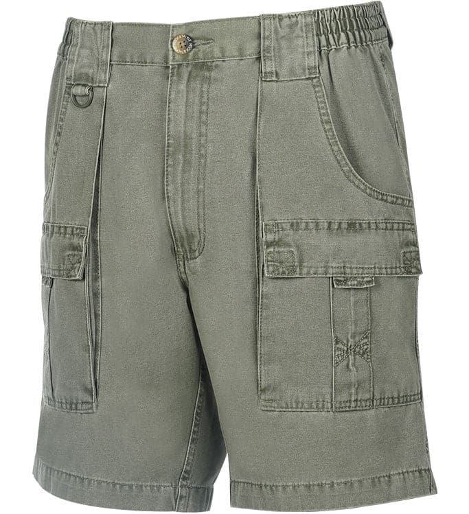 Men's olive green cargo fishing shorts with utility pockets and elastic waistband detail