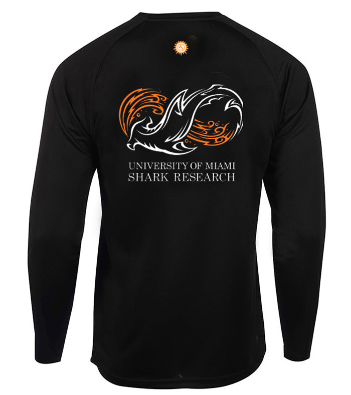 University of Miami Shark Research long sleeve performance shirt available in black and blue