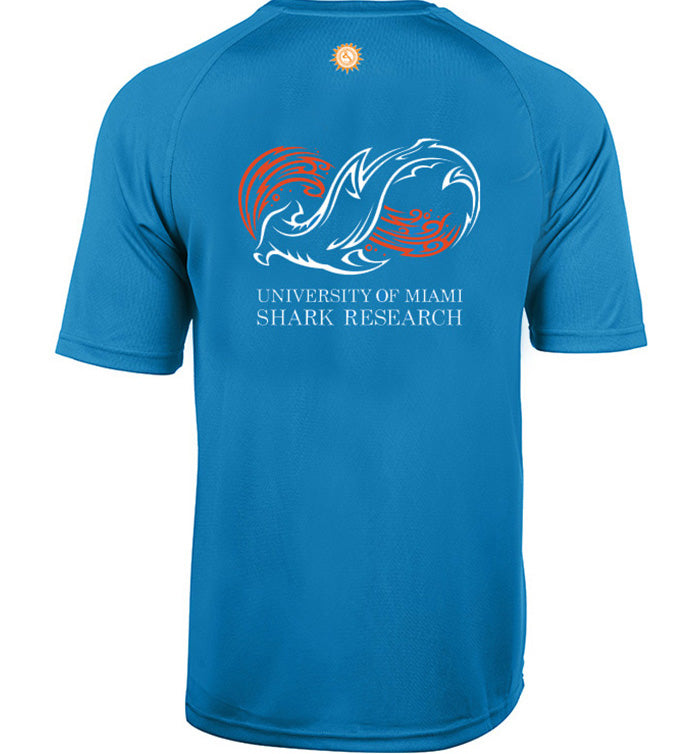 Back view of a blue men's performance t-shirt with University of Miami Shark Research logo.