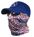 A person wearing a blue baseball cap and a red, white, and blue stars and stripes patterned neck gaiter over their face.